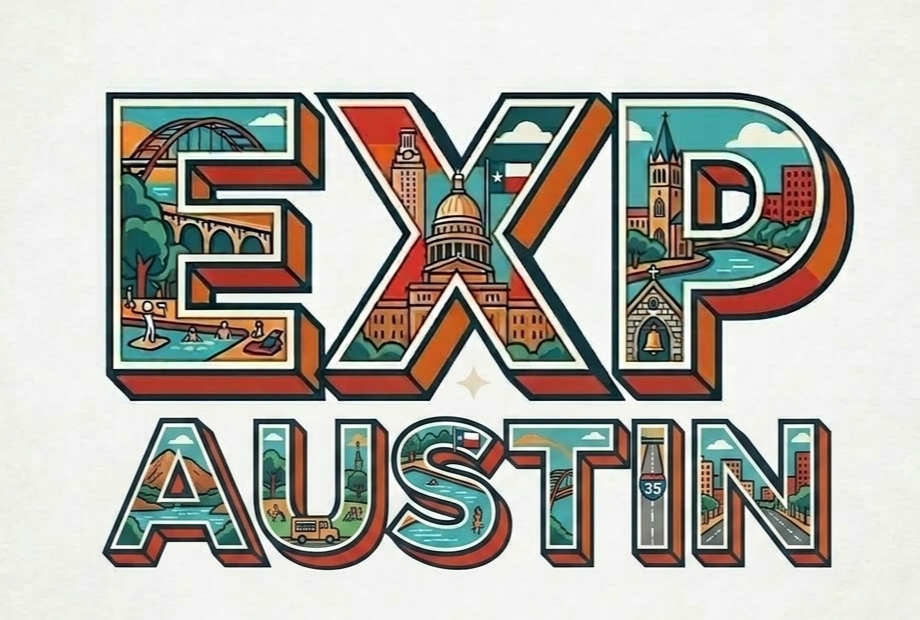 EXP Austin logo, Austin skyline illustrated inside bold letterforms